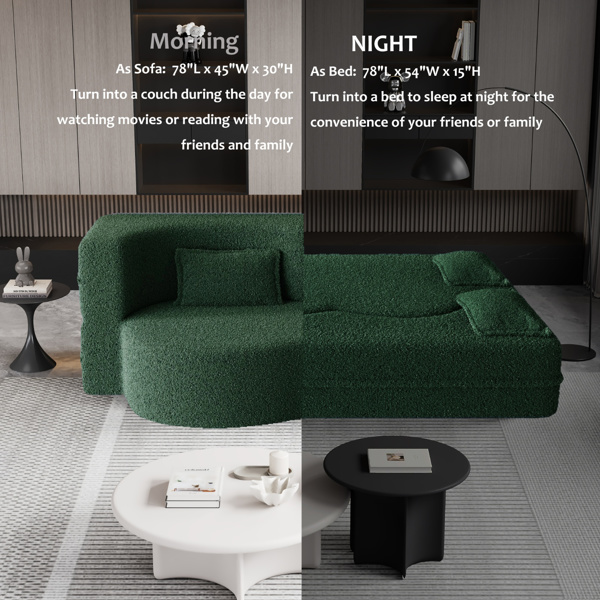 现代落地沙发，带 2 个枕头，可转换泰迪布艺泡沫填充沙发床，15 英寸全尺寸折叠床垫，适用于客厅、客床、游戏室，无需组装，绿色-2