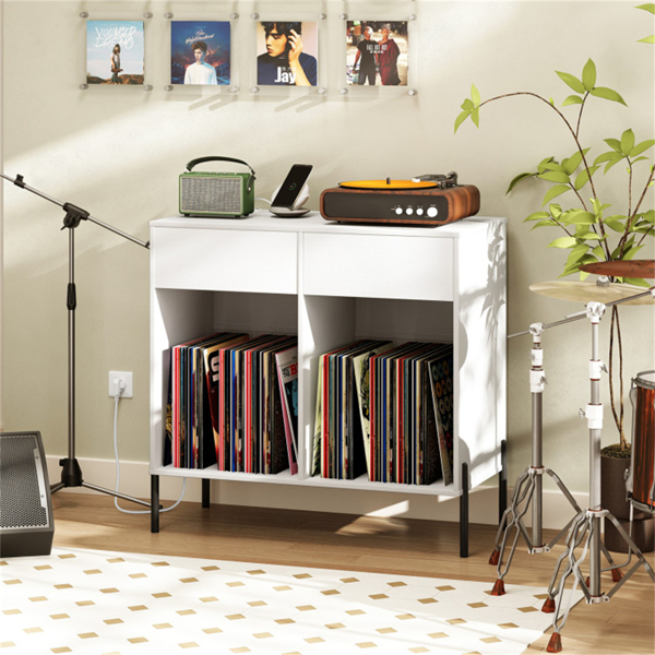 白色唱片播放器存储架-可定制的乙烯基隔间、内置充电站、金属支腿和地板保护垫-6