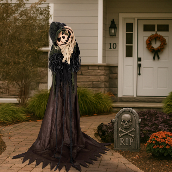 5.7ft  歪头南瓜人 眼睛红灯  歪头 鬼叫声 声控  电池款不含电池 万圣站立装饰-12