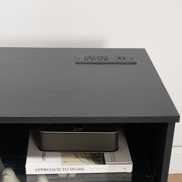 电视柜 电壁炉电视柜带玻璃搁板，3D 壁炉电视柜带 LED 灯 木质带 USB 充电插座 现代电视桌中心 适用于最大 32-62 英寸的电视 黑色 58''W*15.4''D*24.4-5