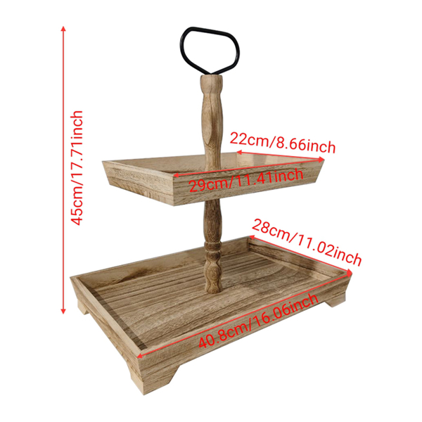 复古木质多层点心架水果盘干果蛋糕多层家用托盘甜品台展示架 Y506-2 长方形 果盘 轻烤色(一层长40.5*28 二层长29*22 高45CM)-4
