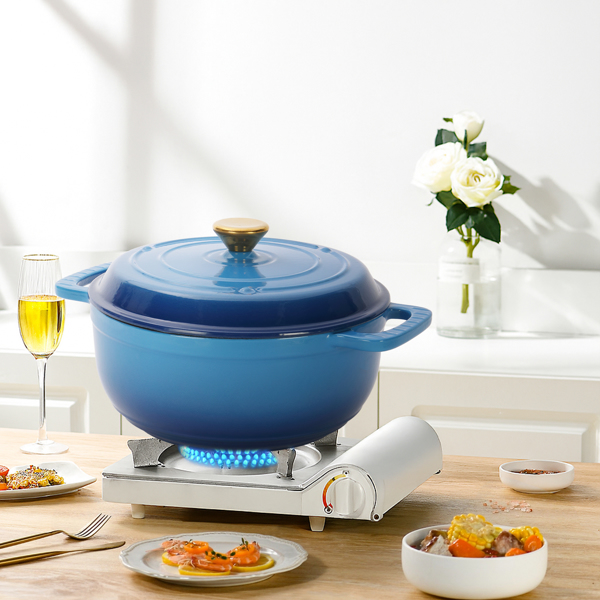 铸铁 6QT 烹饪锅具 渐变蓝 含两个硅胶手套 珐琅锅-10
