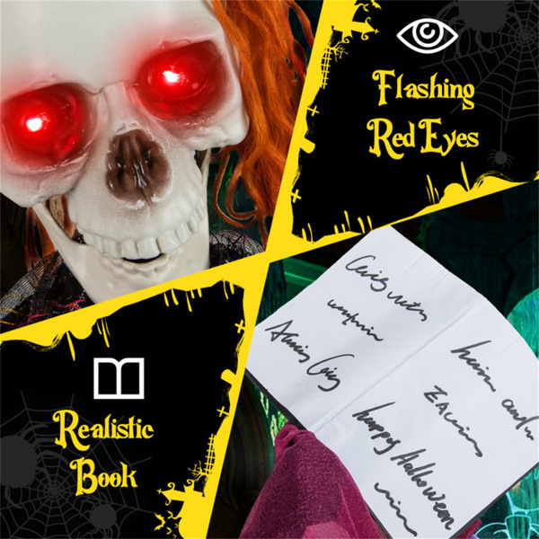 6英尺真人大小的万圣节女孩动画道具-怪异的书，声音激活（闪烁的红眼+诡异的声音），摇头和摆臂-6