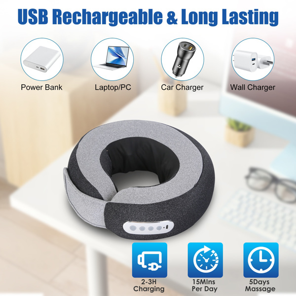 （物流随机发，自提可发加拿大）-便携式可充电颈部按摩枕 - 指压揉捏（正反方向），2种加热模式（104℉-122℉），3档速度，慢回弹记忆棉 - 2200mAh电池，牛奶丝面料，理想礼物-2