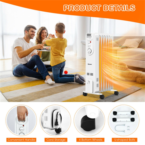 1500W电热空间加热器-3种加热模式，静音操作，轮子和手柄便于移动，（白色）-11