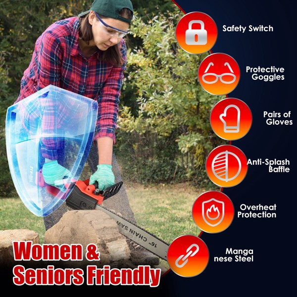 （物流随机发，自提可发加拿大）-无线电锯16英寸，无刷电机电动链锯，40伏电池供电，含2块电池及双端口快速充电器，适用于伐木作业，树木砍伐与木材切割-11