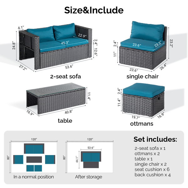 2pcs 无扶手沙发+2pcs 脚凳+1pcs 双人沙发+1pcs 茶几 可收纳 黑色藤条 孔雀绿垫子 编藤多件套-2