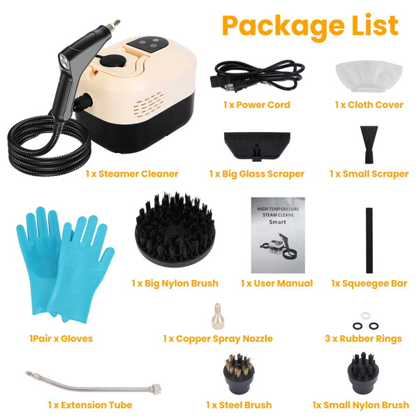 （物流随机发，自提可发加拿大）-手持蒸汽清洁器，1500W高温高压快速加热，6档可调蒸汽强度，1200毫升大容量水箱，双控数字显示屏，11合1清洁套装适用于家居、厨房、汽车及地板清洁-13