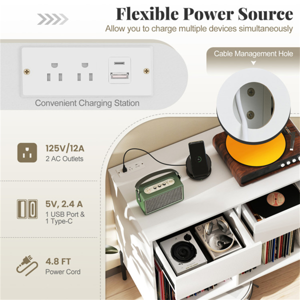 白色唱片播放器存储架-可定制的乙烯基隔间、内置充电站、金属支腿和地板保护垫-8