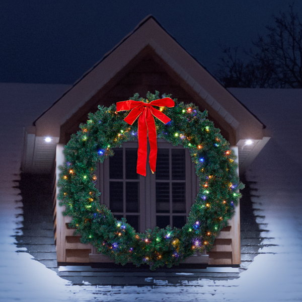 60in 绿色 花环 带蝴蝶结 600枝头 220LED四彩加暖白无极灯 带遥控   PVC 圣诞PVC花环 30V 3.6W 美规-9