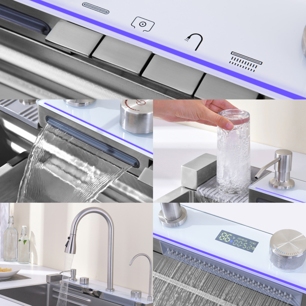 抽拉式水龙头单盆厨房蔬菜水槽 304不锈钢鲸鱼瀑布式水槽洗碗水槽家用蔬菜洗涤盆，深灰色【周末不发货，TK/TEMU订单仅支持自提】-8