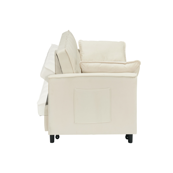 现代天鹅绒沙发、沙发拉出式床、带靠背的小型双人休闲沙发，配有枕头、口袋、客厅家具、三合一可转换睡眠沙发床。-5