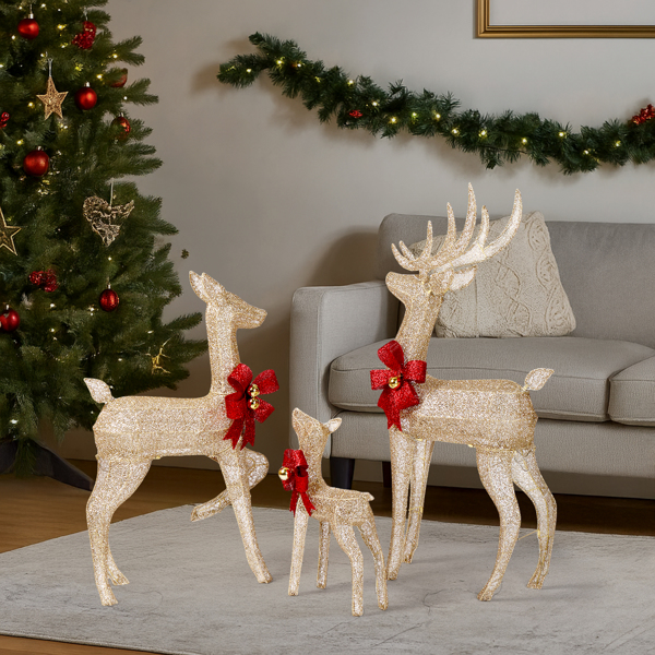 3pcs 4FT  香槟金色 家庭麋鹿 210LED暖白灯 闪粉网纹布 圣诞灯饰麋鹿 30V 3.6W-13