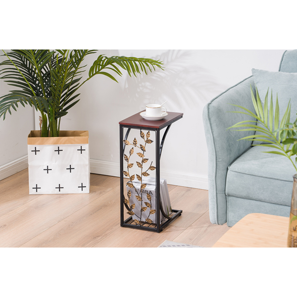 密度板 铁 拆装 单层 C型桌 边几 树叶款 桌面棕色 黑色喷塑 刷金树叶 30.5*21*54cm-9