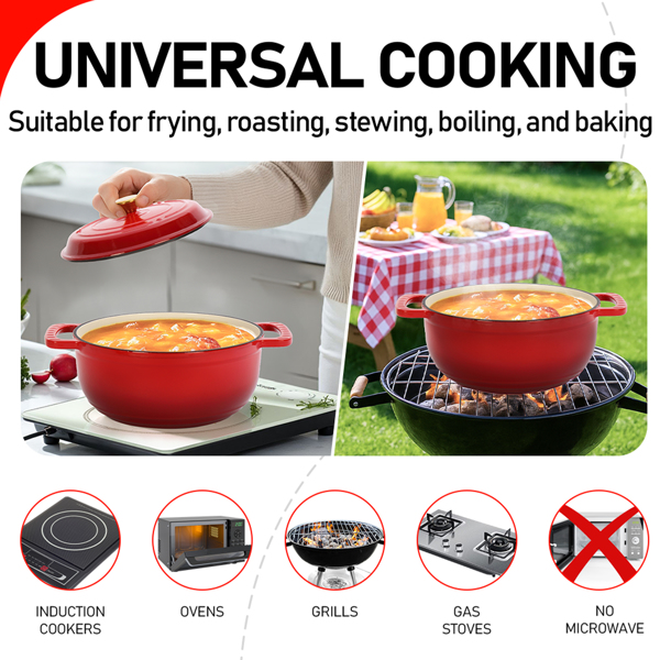 铸铁 5QT 烹饪锅具 红色渐变 含两个硅胶手套 珐琅锅-8