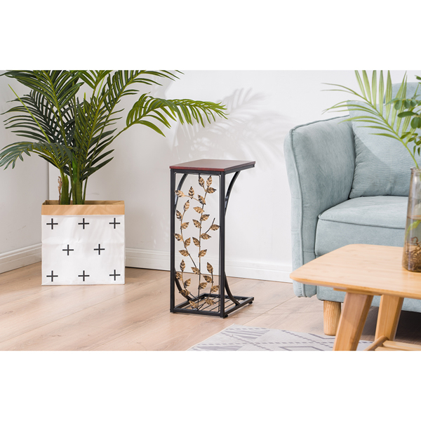 密度板 铁 拆装 单层 C型桌 边几 树叶款 桌面棕色 黑色喷塑 刷金树叶 30.5*21*54cm-28