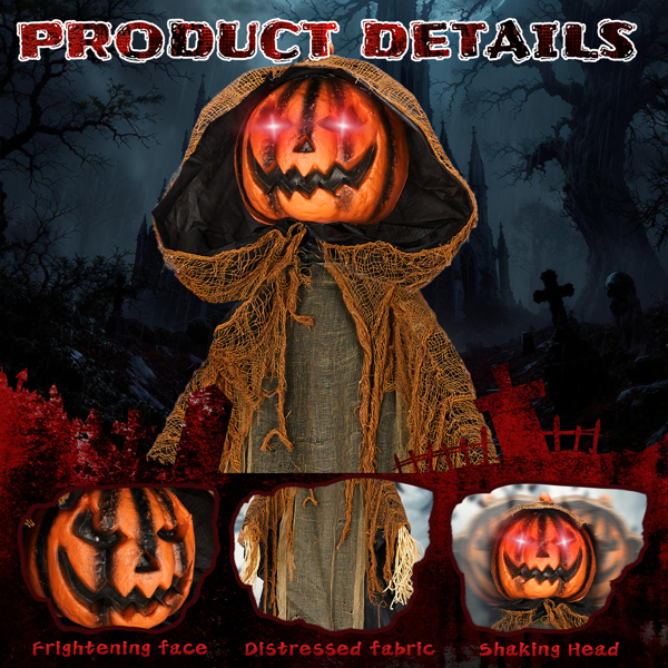 5.8ft  带帽南瓜人 眼睛红灯  头手动 鬼叫声 声控  电池款不含电池 万圣站立装饰-5