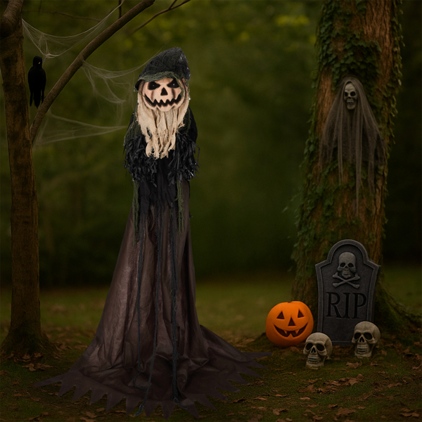 5.7ft  歪头南瓜人 眼睛红灯  歪头 鬼叫声 声控  电池款不含电池 万圣站立装饰-14