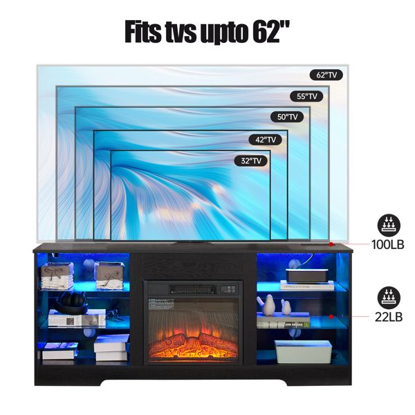 电视柜 电壁炉电视柜带玻璃搁板，3D 壁炉电视柜带 LED 灯 木质带 USB 充电插座 现代电视桌中心 适用于最大 32-62 英寸的电视 黑色 58''W*15.4''D*24.4-2