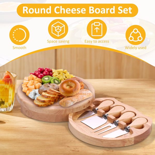 圆橡木盒4件套奶酪刀铲不锈钢芝士工具餐具芝士刀套装礼盒装 QX01A1104钢色-2