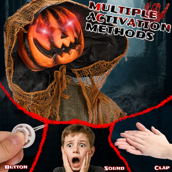 5.8ft  带帽南瓜人 眼睛红灯  头手动 鬼叫声 声控  电池款不含电池 万圣站立装饰-9