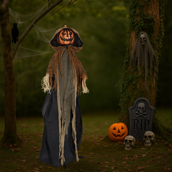 5.8ft  带帽南瓜人 眼睛红灯  头手动 鬼叫声 声控  电池款不含电池 万圣站立装饰-14