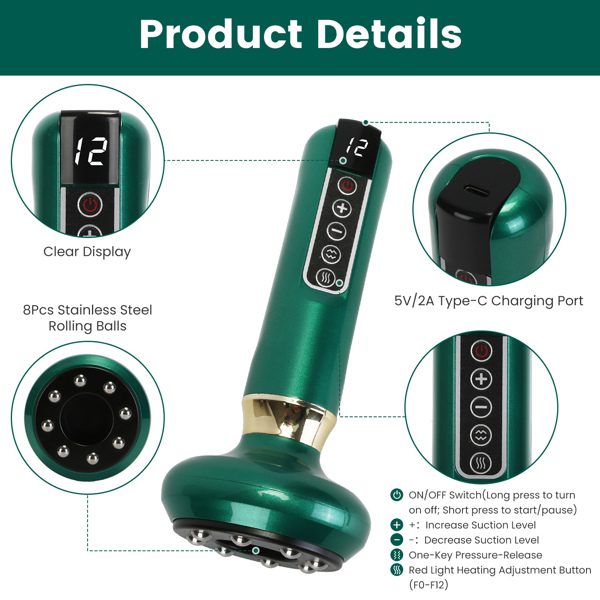 （物流随机发，自提可发加拿大）-带 12 级吸力和加热功能的按摩器 - 钢制滚轮可显著减少 cellulite，全身适用 - 无线可充电，适用于大腿、臀部、颈部等部位--绿色-3