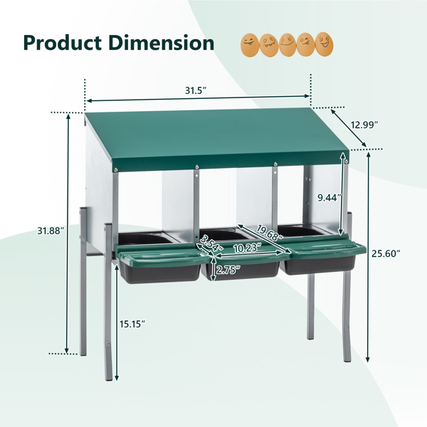 鸡用筑巢箱，3 孔鸡筑巢箱（带腿），鸡产蛋箱（带盖），适用于农场院子户外鸡舍，Rreen不支持Self-Pick Up-5
