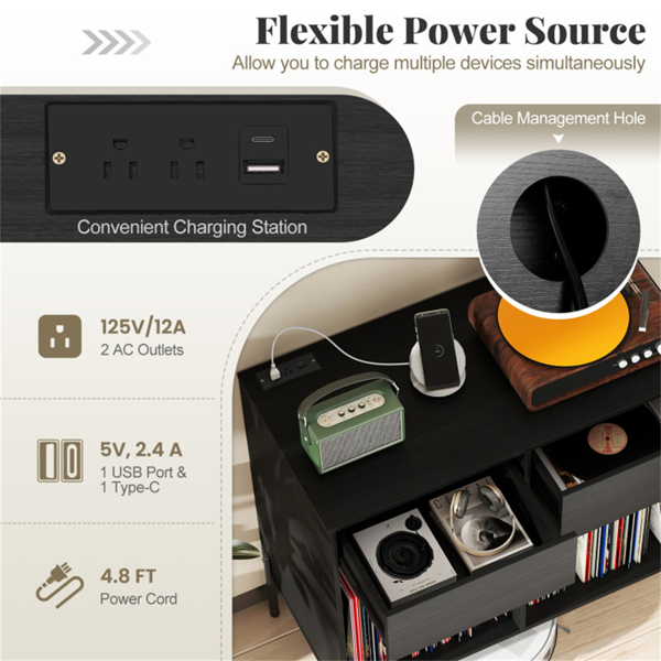 黑色唱片播放器存储架-可定制的乙烯基隔间、内置充电站、金属支腿和地板保护垫-7