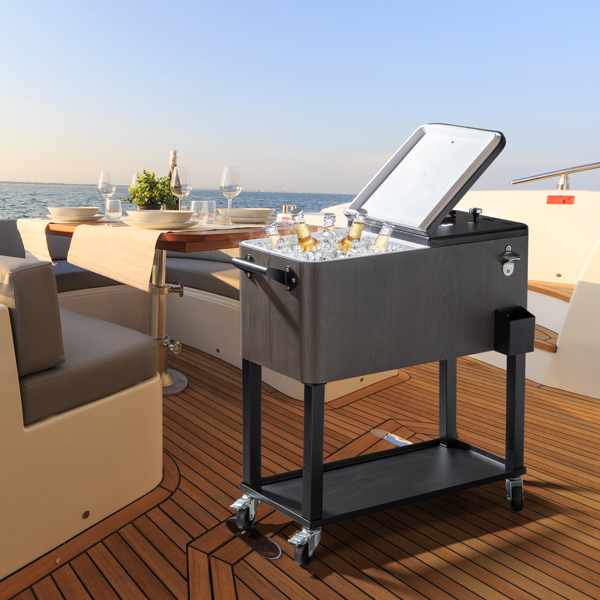 80QT 灰色仿木纹 黑色铁脚管 带排水管 冷冻保温推车 87.5*91*38.5CM 长方形 塑料箱体-11