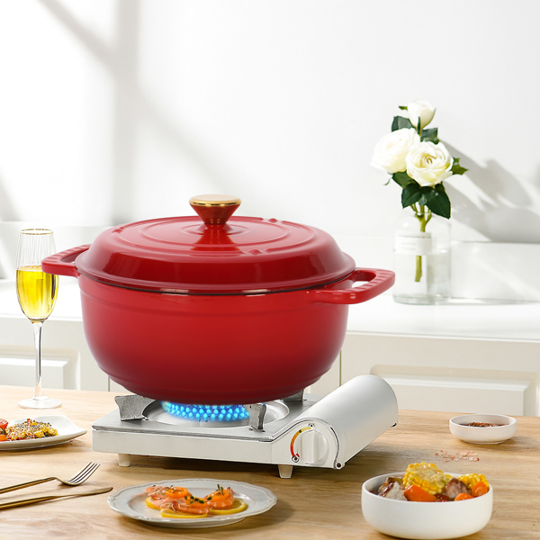 铸铁 6QT 烹饪锅具 红色渐变 含两个硅胶手套 珐琅锅-10