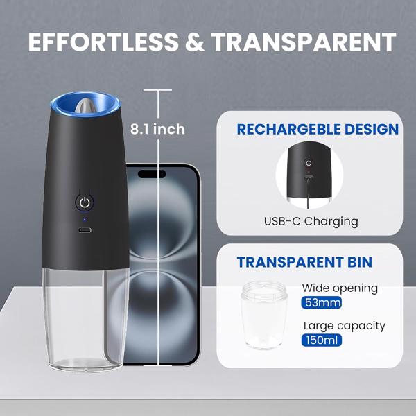 2台可充电的电动盐和胡椒研磨机，带有可调节粗糙度和LED灯的重力式电动盐胡椒研磨机，自动摇椒器,厨房单手操作香料研磨机,黑色2个（亚马逊物流禁止沃尔玛平台）-2