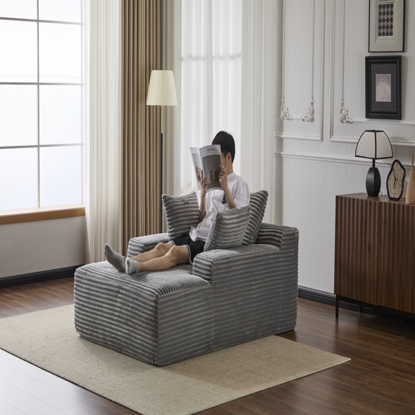 超大躺椅舒适云沙发，现代毛绒灯芯绒软垫沙发床，带 3 个抱枕和宽扶手，适用于客厅，无需组装，灰色-19