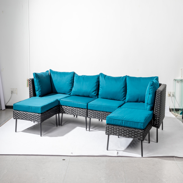 2pcs无扶手沙发+2pcs转角沙发+2pcs脚凳   铁脚 黑色藤条 孔雀绿色垫子 编藤多件套-12