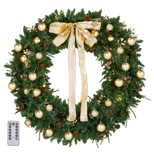 48in 浅绿色 花环 带蝴蝶结 松果  金色系配饰 450枝头 150LED暖白8模式 带遥控   PE+PVC 圣诞PVC花环 30V 3.6W 美规-1