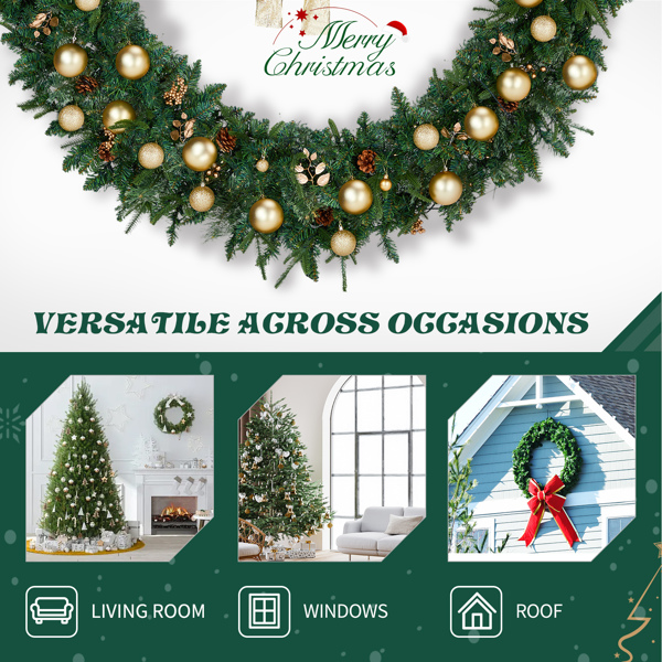 60in 浅绿色 花环 带蝴蝶结 松果 金色系配饰 600枝头 220LED暖白灯8模式  带遥控   PE+PVC 圣诞PVC花环 30V 3.6W 美规-7