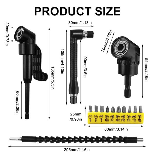 黑色软轴软管25mm十孔批头长短金属拐角器L扳手连接转换角度工具 (黑软轴+黑大拐+L黑扳手+黑小拐+黄批头)-2