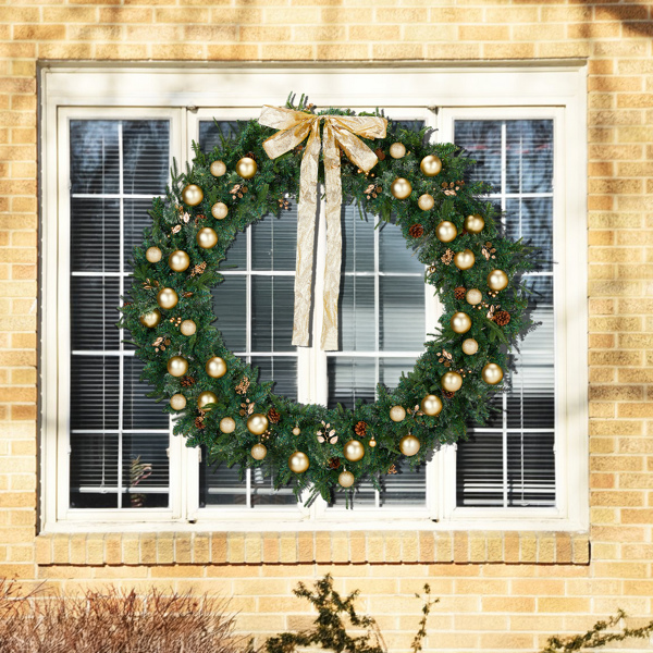 60in 浅绿色 花环 带蝴蝶结 松果 金色系配饰 600枝头 220LED暖白灯8模式  带遥控   PE+PVC 圣诞PVC花环 30V 3.6W 美规-3