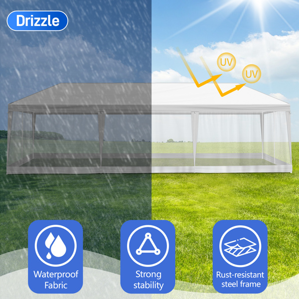 10X30ft 白色 8面(2门6围)纱网 仿折叠棚 配8片分体纱网围布 白色PE顶布  白色喷塑铁管 白色网纱 LT-6