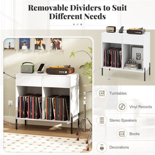 白色唱片播放器存储架-可定制的乙烯基隔间、内置充电站、金属支腿和地板保护垫-7