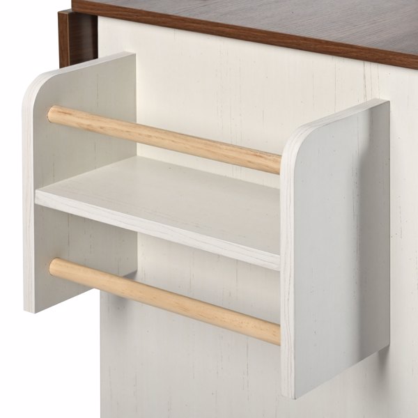 K&K 55.5 英寸农舍厨房岛，带折叠板，厨房储物岛，带谷仓门，电源插座，带香料架的带轮厨房推车，适用于家庭、厨房、餐厅，白色-31