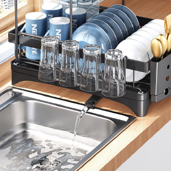 厨房置物架碗碟碗盘收纳架晾洗放碗架沥水架碗柜碗筷放碗收纳盒 黑色*双层配四格筷刀筒+杯架-2