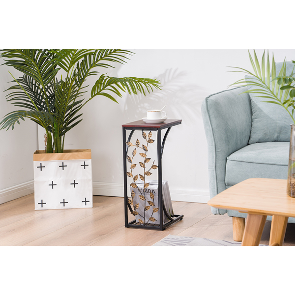 密度板 铁 拆装 单层 C型桌 边几 树叶款 桌面棕色 黑色喷塑 刷金树叶 30.5*21*54cm-18