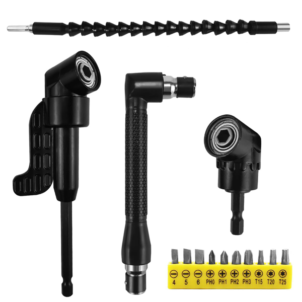 黑色软轴软管25mm十孔批头长短金属拐角器L扳手连接转换角度工具 (黑软轴+黑大拐+L黑扳手+黑小拐+黄批头)-1