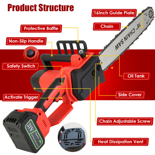 （物流随机发，自提可发加拿大）-无线电锯16英寸，无刷电机电动链锯，40伏电池供电，含2块电池及双端口快速充电器，适用于伐木作业，树木砍伐与木材切割-7