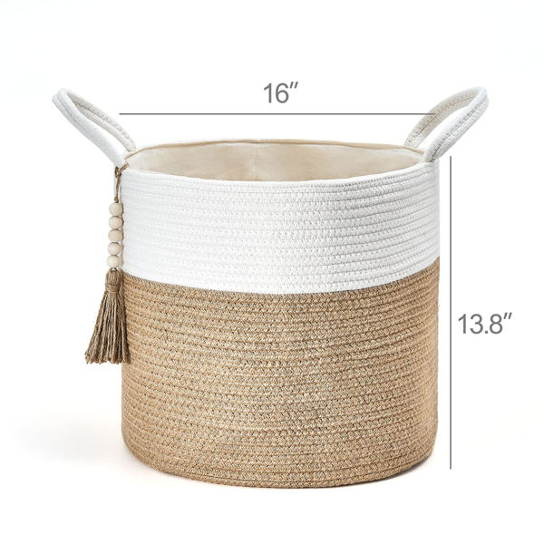 家居棉绳编织收纳筐脏衣篮收纳脏衣篓篮子草编杂物筐储物客厅卧室 白拼黄色麻绳内衬款+纯圆珠子挂件 40*35-2