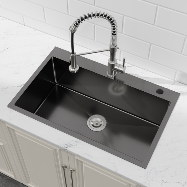厨房水槽，30英寸x19英寸单盆，黑色手工包覆式水槽，配备美国标准排水管和挂钩【周末不发货，TK/TEMU订单仅支持自提】-7