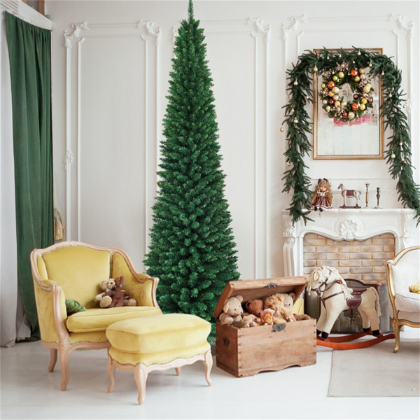 9英尺细铅笔圣诞树-小角落节省空间设计，1500根逼真的PVC树枝，植绒饰面-7