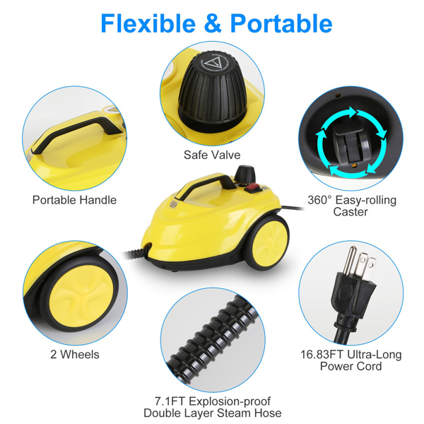 （物流随机发，自提可发加拿大）-1800W高压蒸汽清洁机 - 212℉无化学剂深度清洁，5巴加压，2升304不锈钢水箱，过热保护+16.83英尺电源线，多功能配件适用于家居/汽车/宠物区域-11