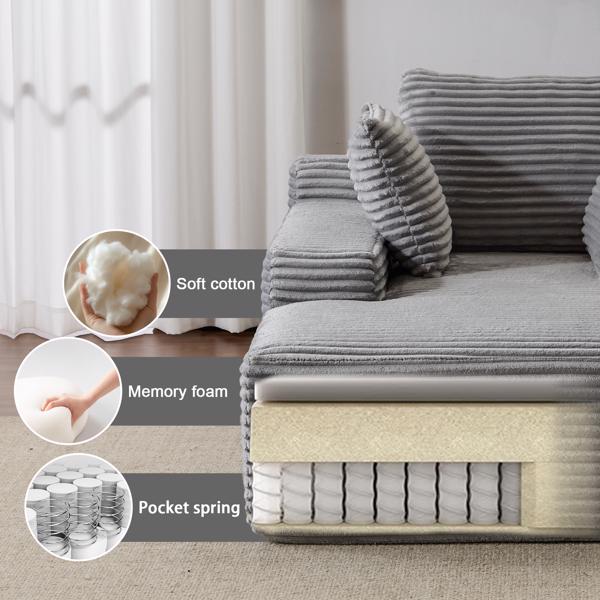 超大躺椅舒适云沙发，现代毛绒灯芯绒软垫沙发床，带 3 个抱枕和宽扶手，适用于客厅，无需组装，灰色-11